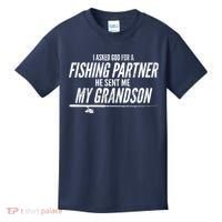 I Ask God For A Fishing Partner He Sent Me My Grandson Kids T-Shirt thumb 0