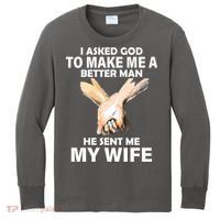 I Asked God To Make Me A Better Man Kids Long Sleeve Shirt thumb 0
