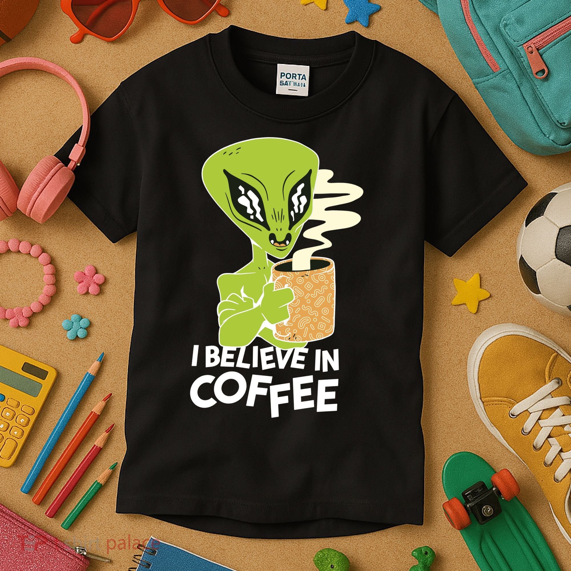 I Believe In Coffee Alien Kids T-Shirt