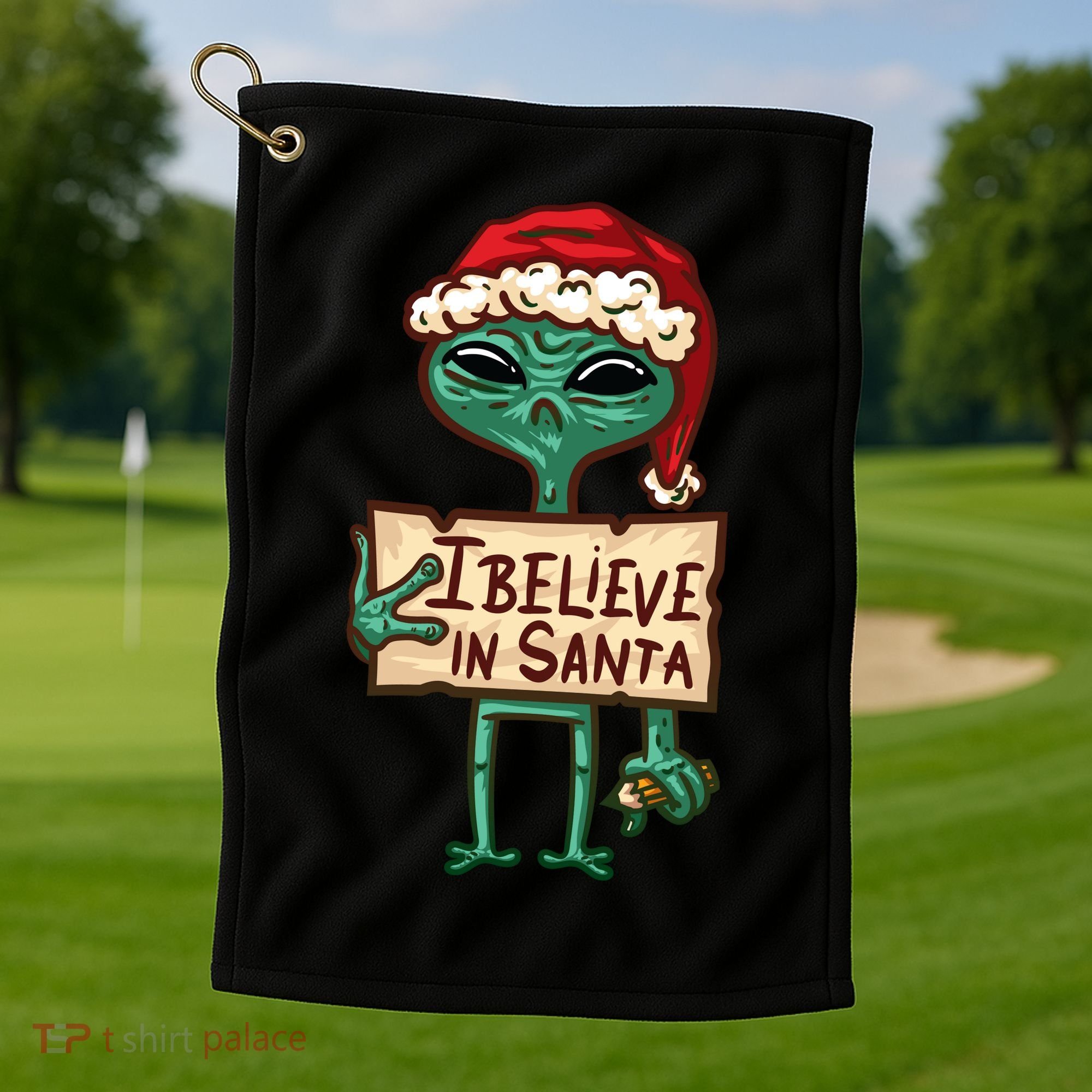 I Believe In Santa Funny Alien Christmas Golf Towel