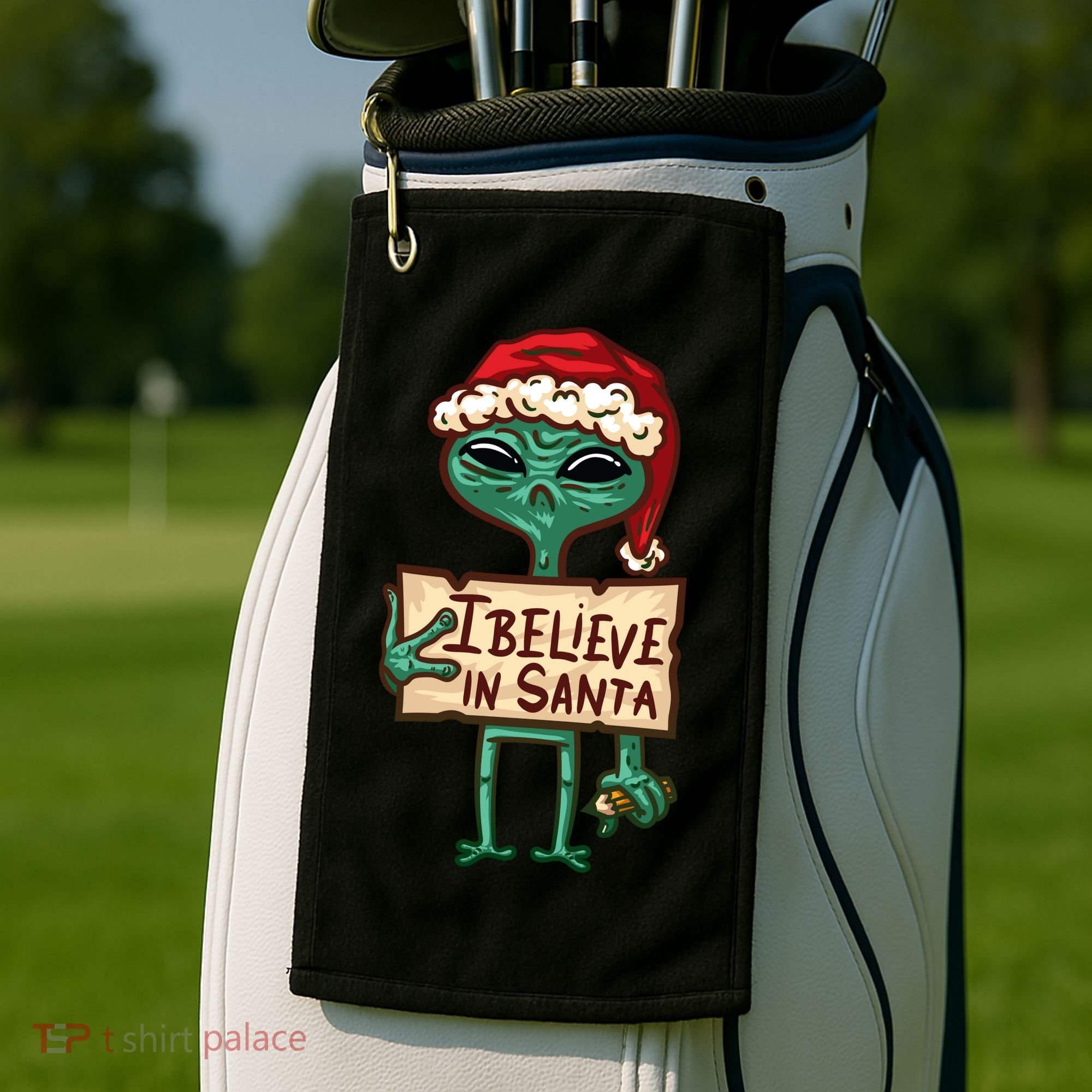 I Believe In Santa Funny Alien Christmas Golf Towel