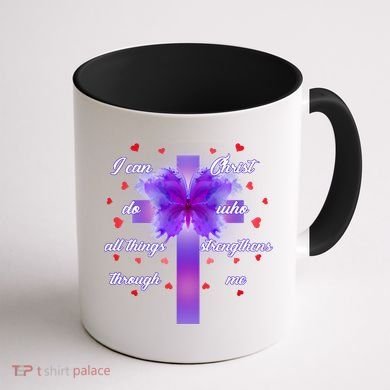 I Can Do All Things Through Christ Butterfly Cross Coffee Mug back