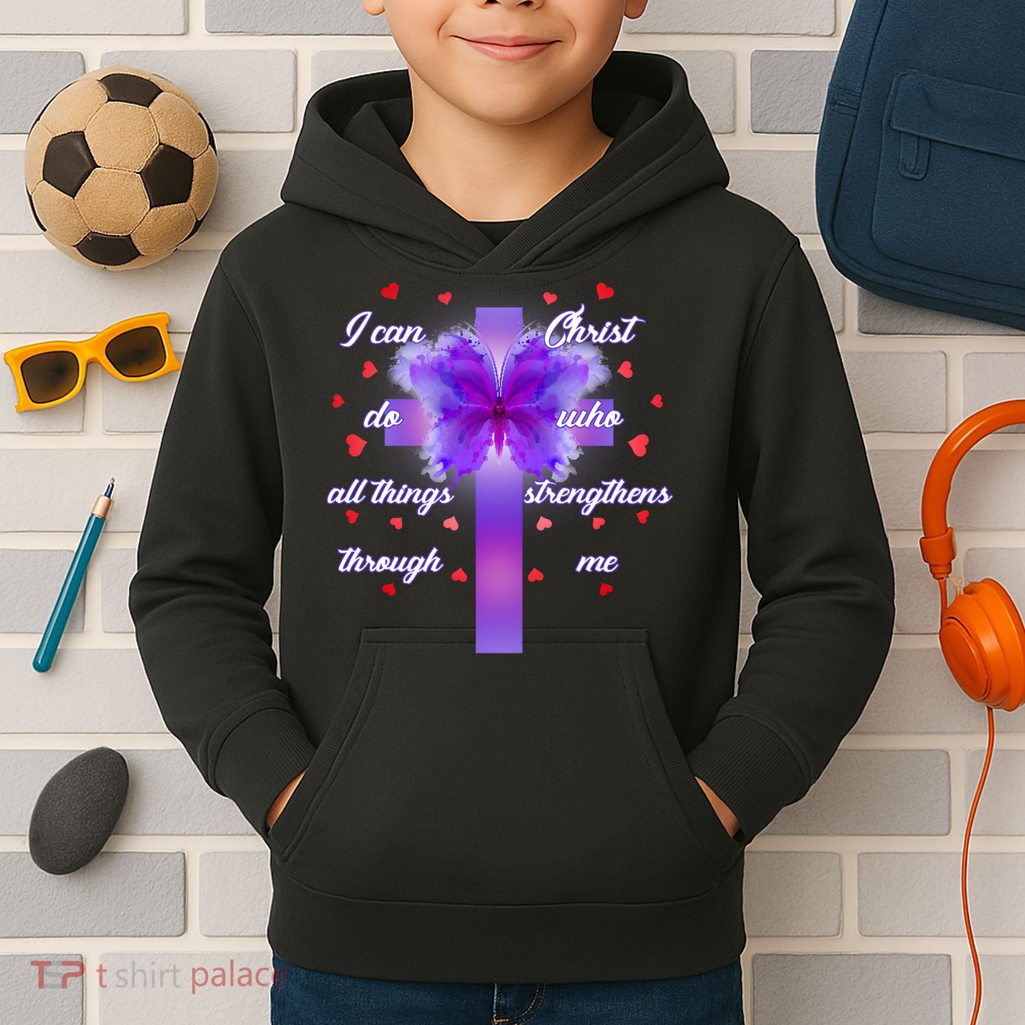 I Can Do All Things Through Christ Butterfly Cross Kids Hoodie