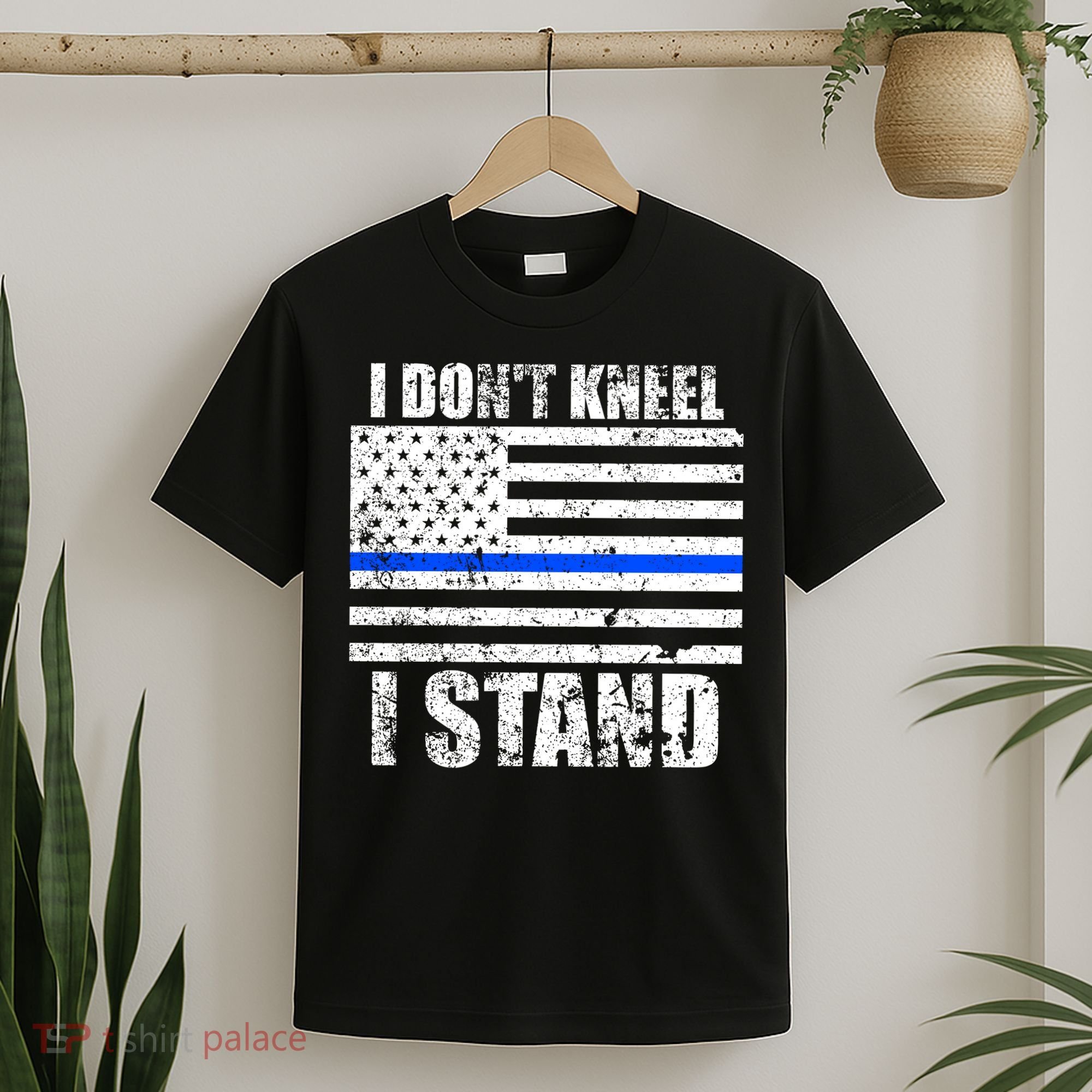 I Dont Kneel I Stand USA Blue Line Flag T-Shirt