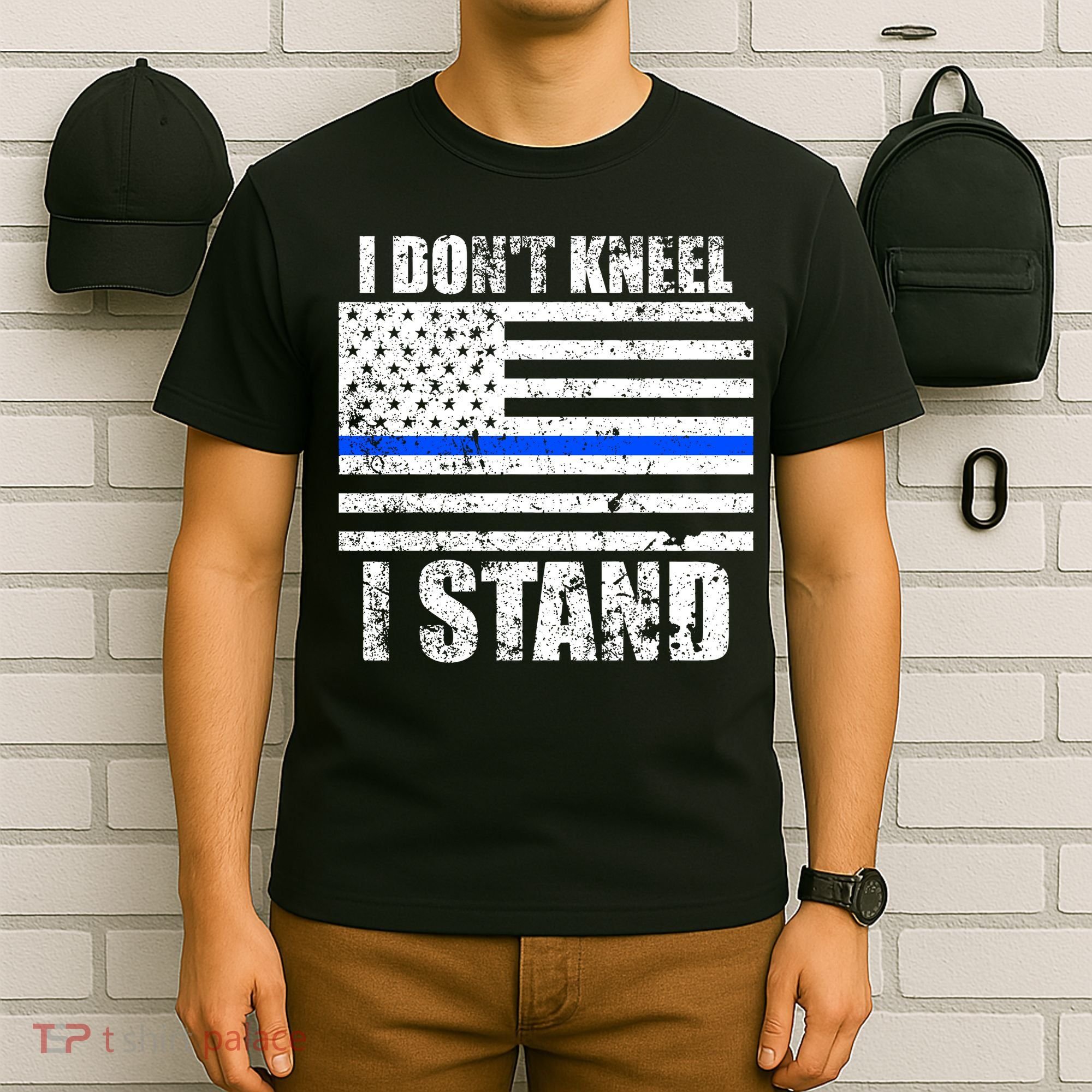 I Dont Kneel I Stand USA Blue Line Flag T-Shirt