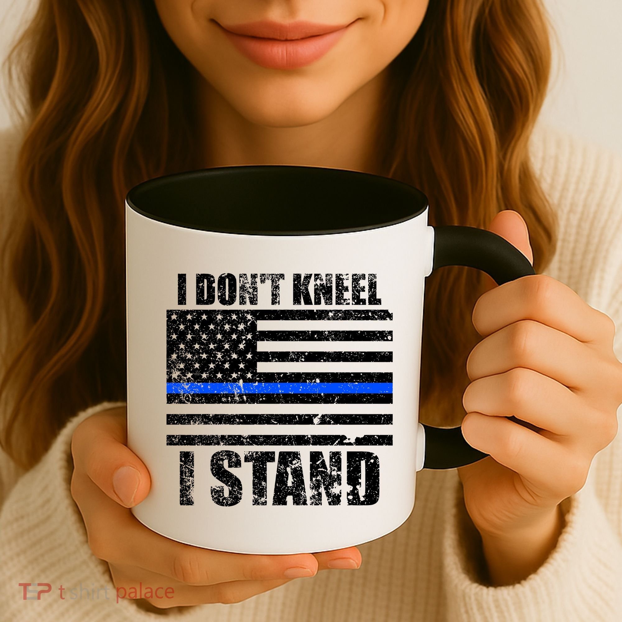 I Dont Kneel I Stand USA Blue Line Flag Coffee Mug