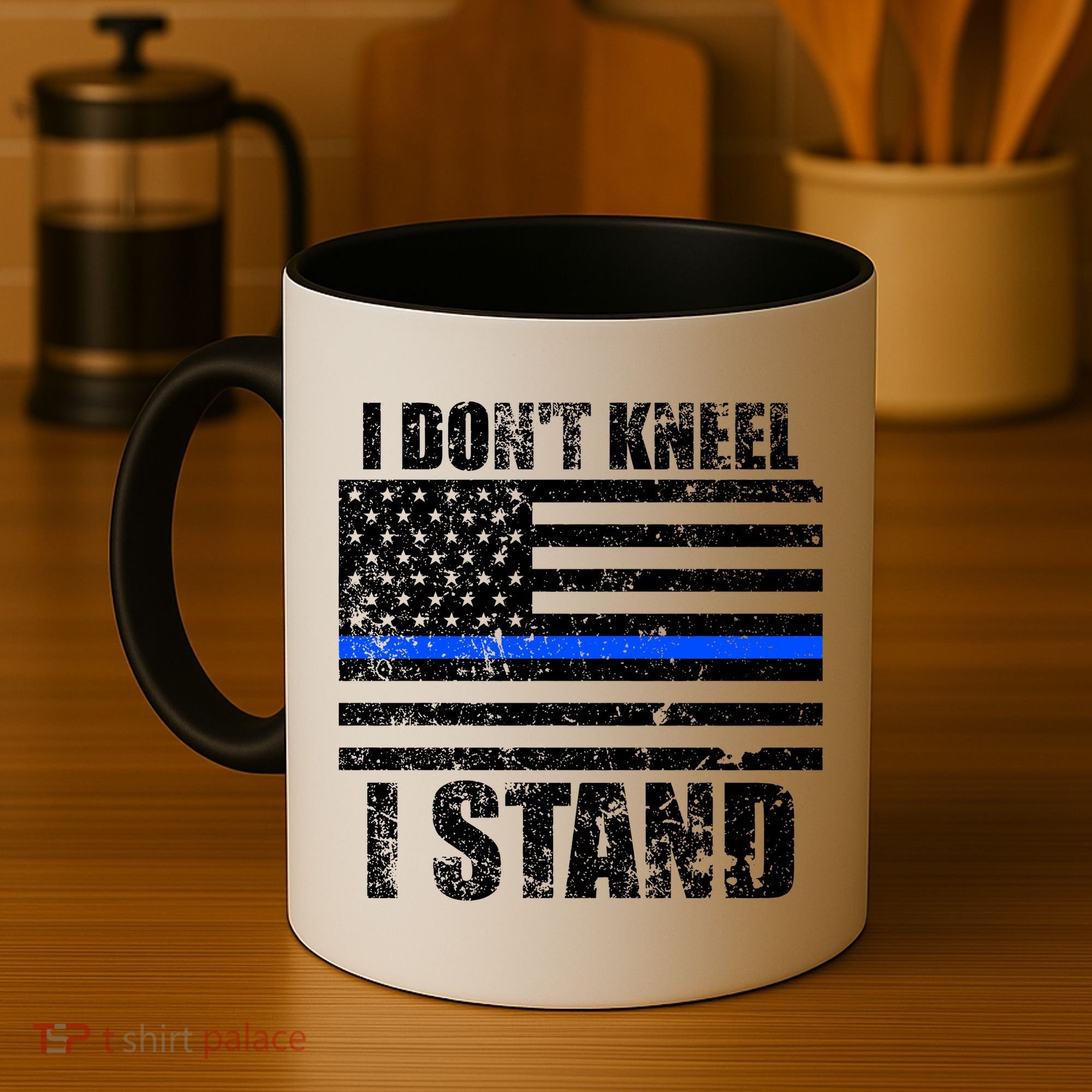I Dont Kneel I Stand USA Blue Line Flag Coffee Mug