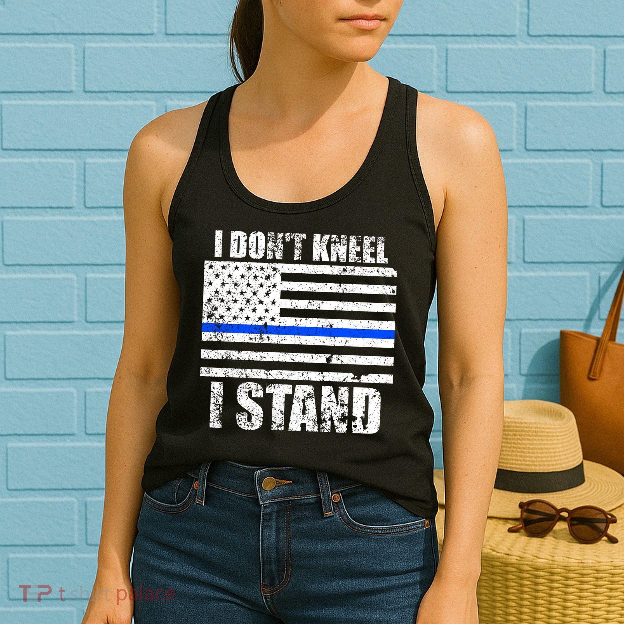I Dont Kneel I Stand USA Blue Line Flag Women's Tank Top