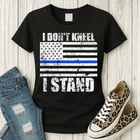 I Dont Kneel I Stand USA Blue Line Flag Women's T-Shirt thumb 3
