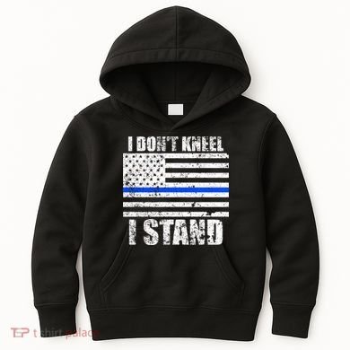 I Dont Kneel I Stand USA Blue Line Flag Kids Hoodie