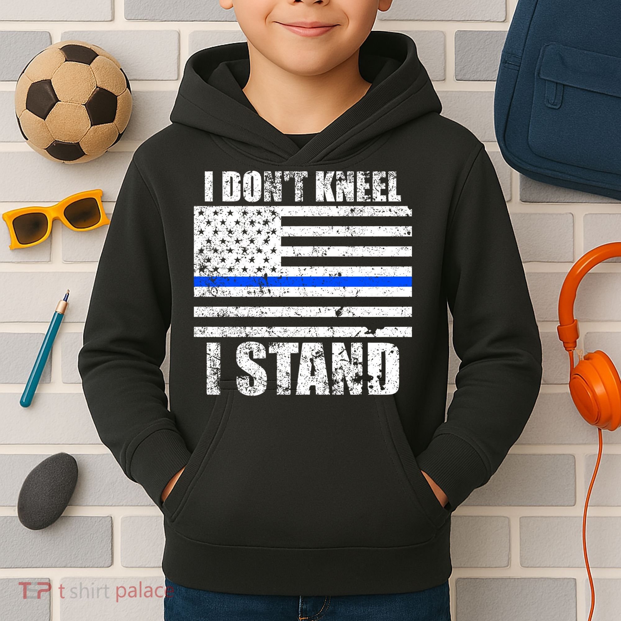 I Dont Kneel I Stand USA Blue Line Flag Kids Hoodie