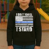 I Dont Kneel I Stand USA Blue Line Flag Kids Hoodie thumb 3