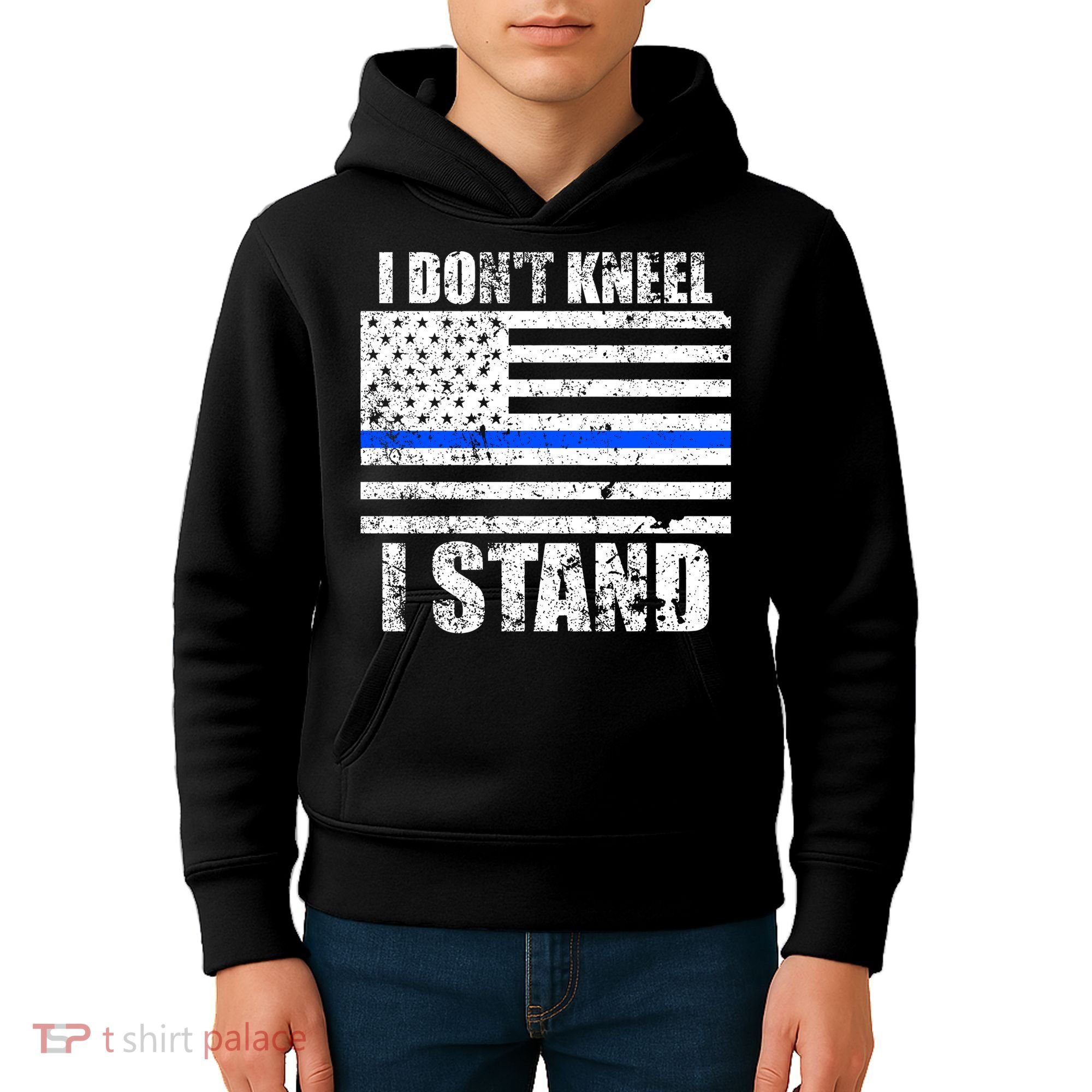 I Dont Kneel I Stand USA Blue Line Flag Kids Hoodie