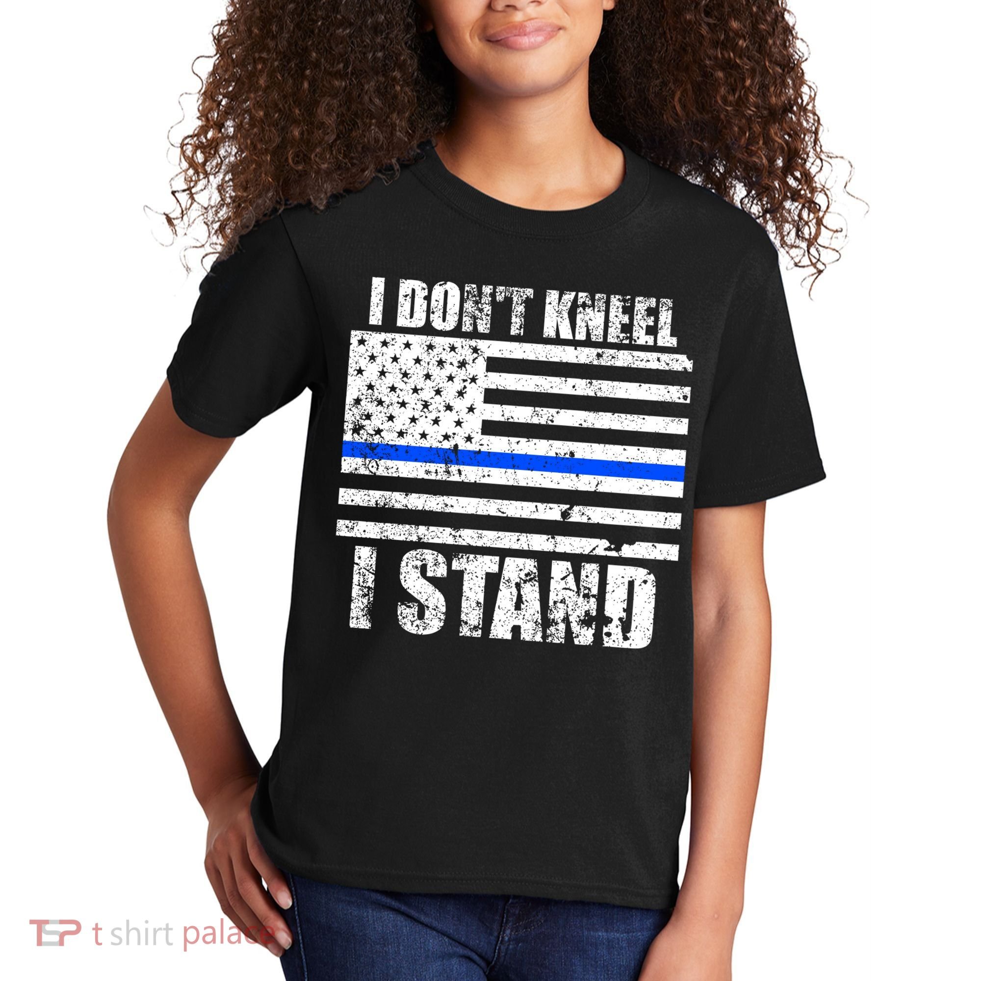 I Dont Kneel I Stand USA Blue Line Flag Kids T-Shirt