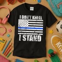 I Dont Kneel I Stand USA Blue Line Flag Kids T-Shirt thumb 3