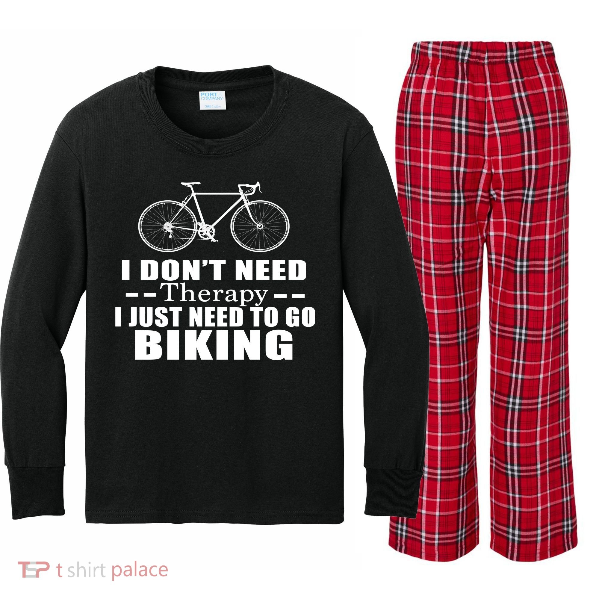 I Don't Need Therapy I Just Need To Go Biking Kids Long Sleeve Plaid Pajama Set