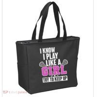 I Know I Play Like a Girl Try to Keep Up Lacrosse Tote Bag thumb 2