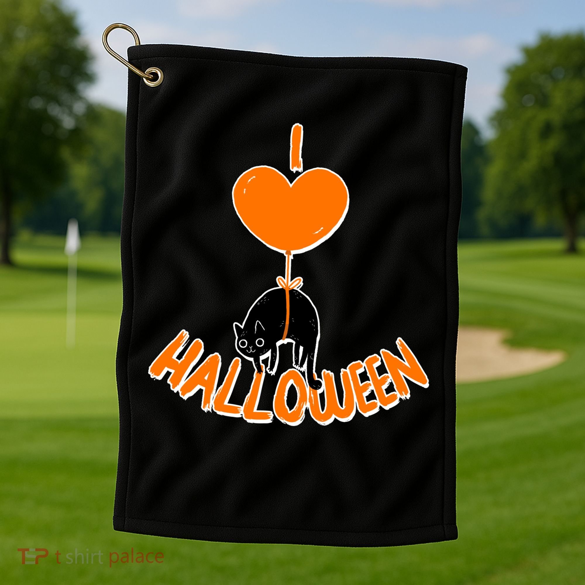 I Love Heart Halloween Cute Black Cat Balloon Golf Towel