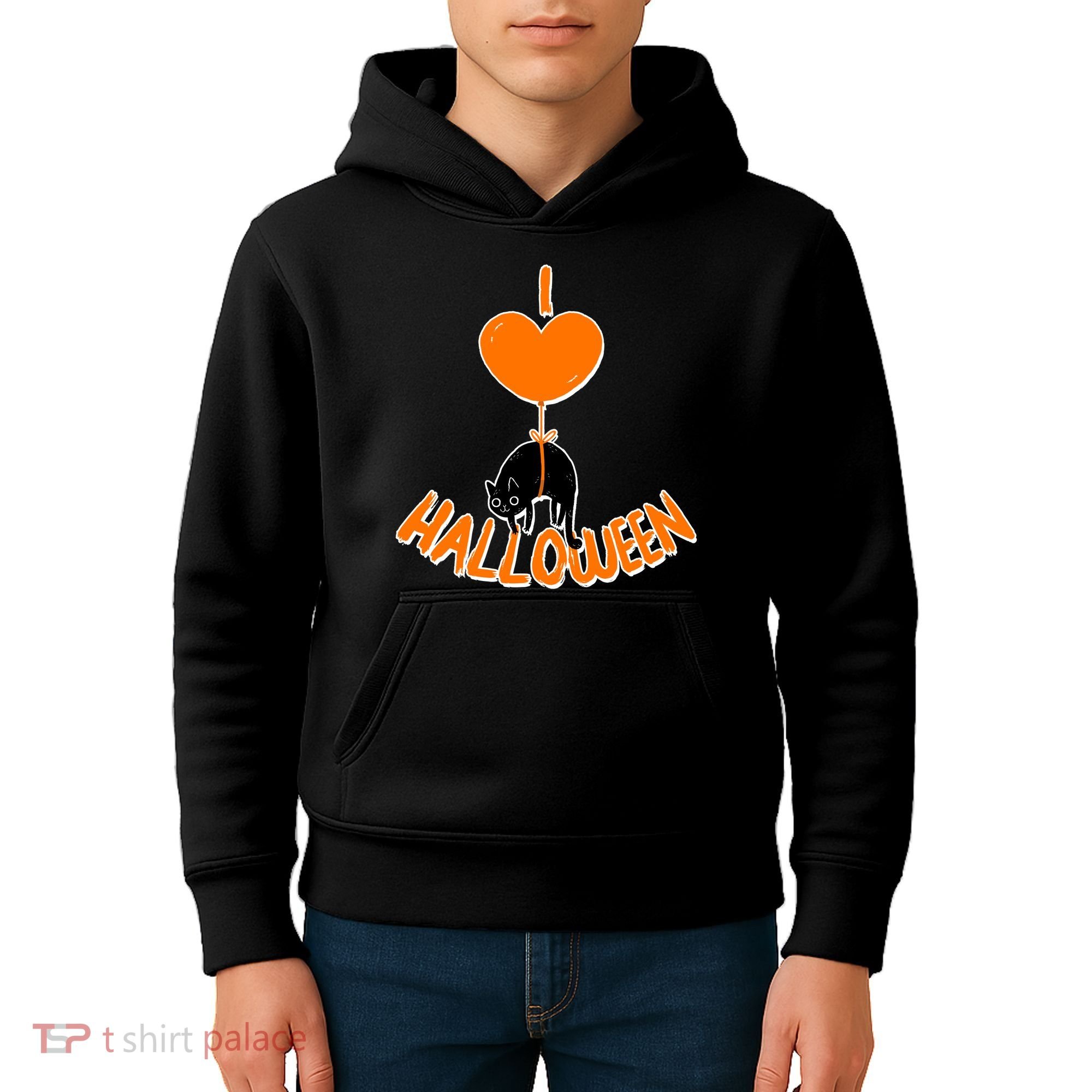 I Love Heart Halloween Cute Black Cat Balloon Kids Hoodie
