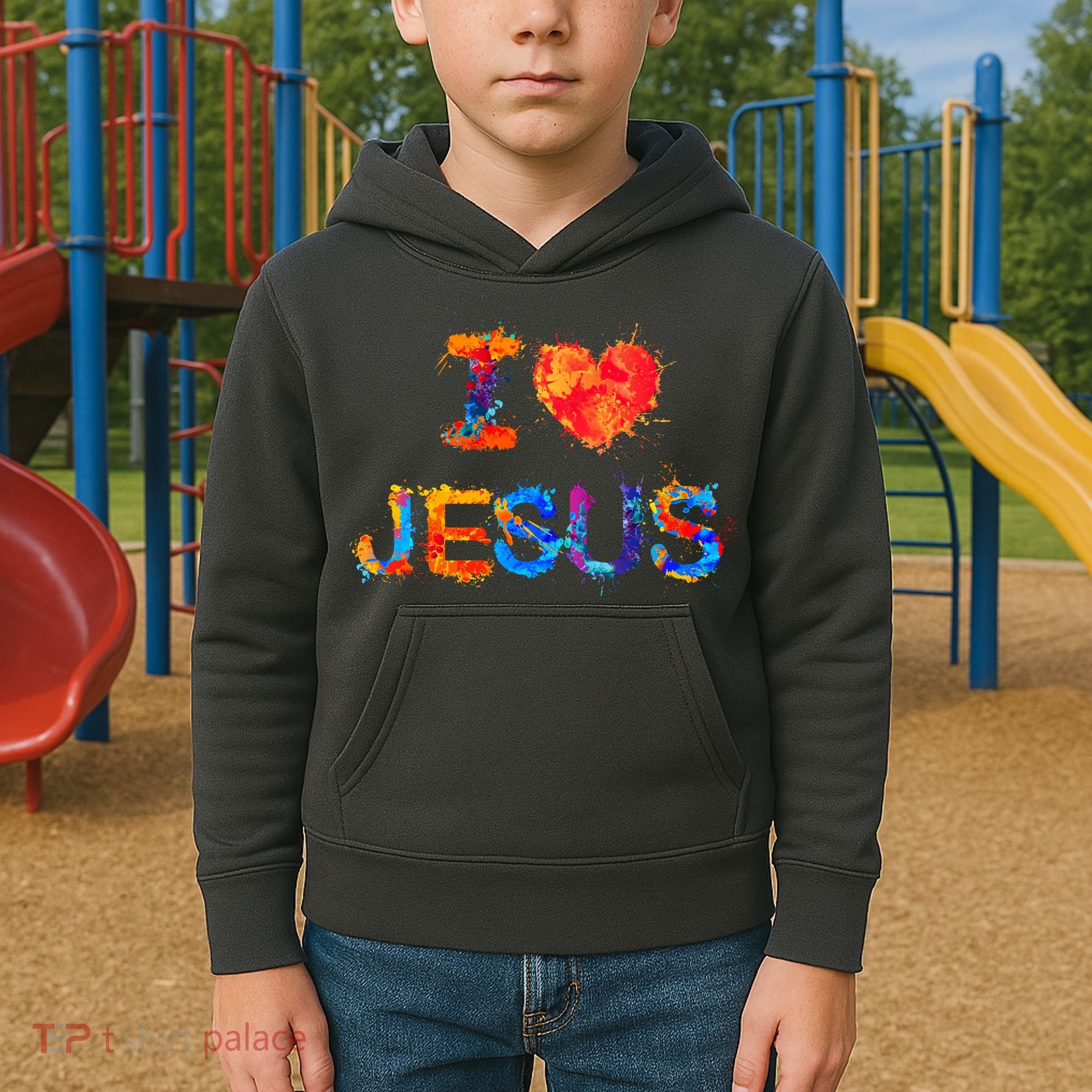 I Love Jesus Paint Splatter Kids Hoodie