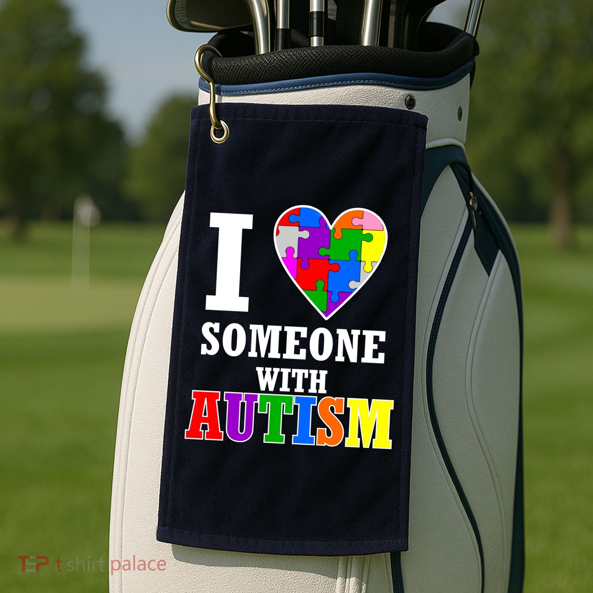 I Love Someone With Autism Puzzle Piece Heart Golf Towel