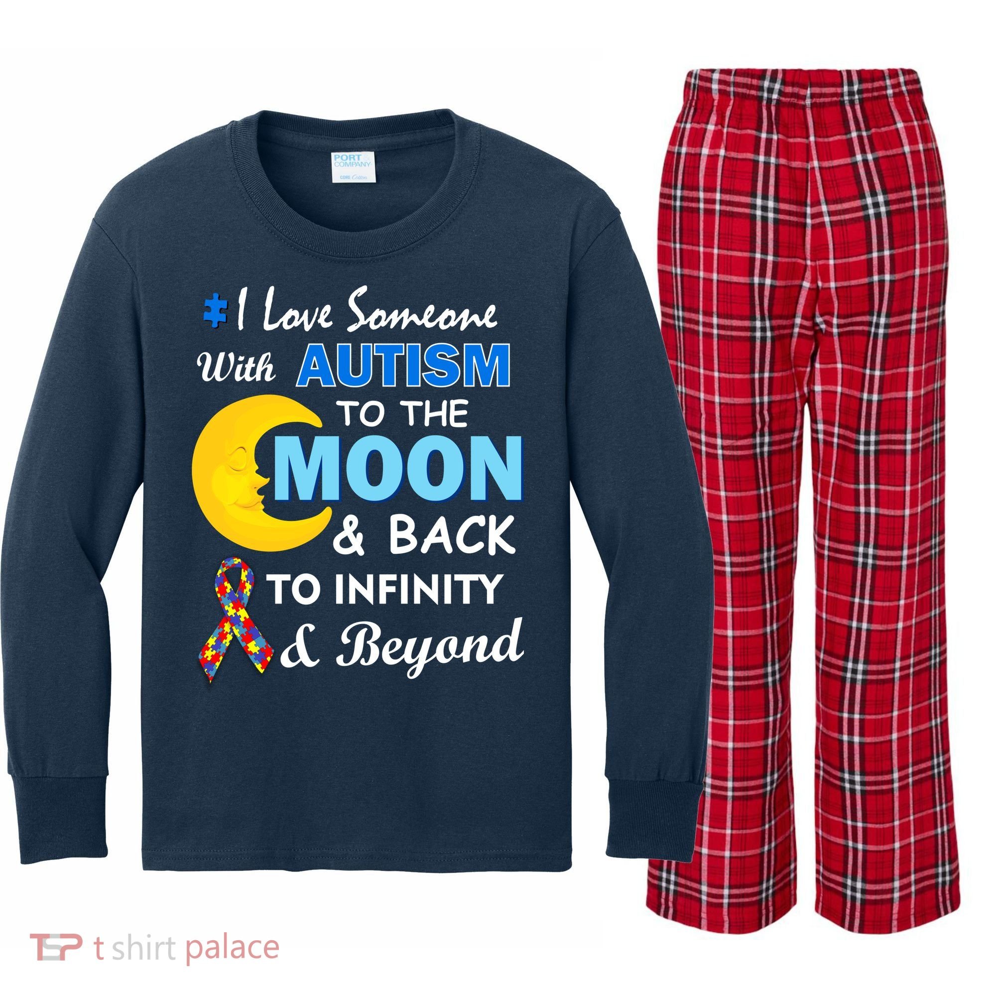 I Love Someone With Autism To The Moon & Back Kids Long Sleeve Plaid Pajama Set