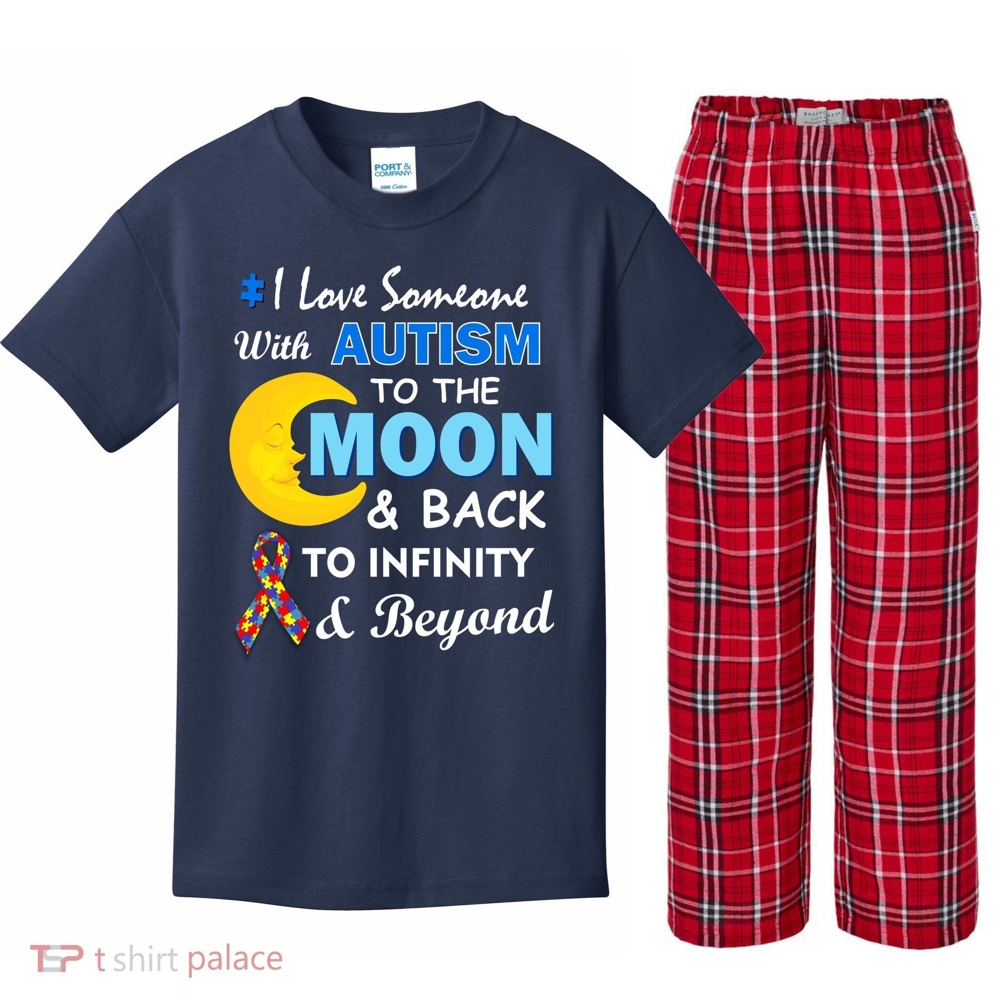I Love Someone With Autism To The Moon & Back Kids Plaid Pajama Set