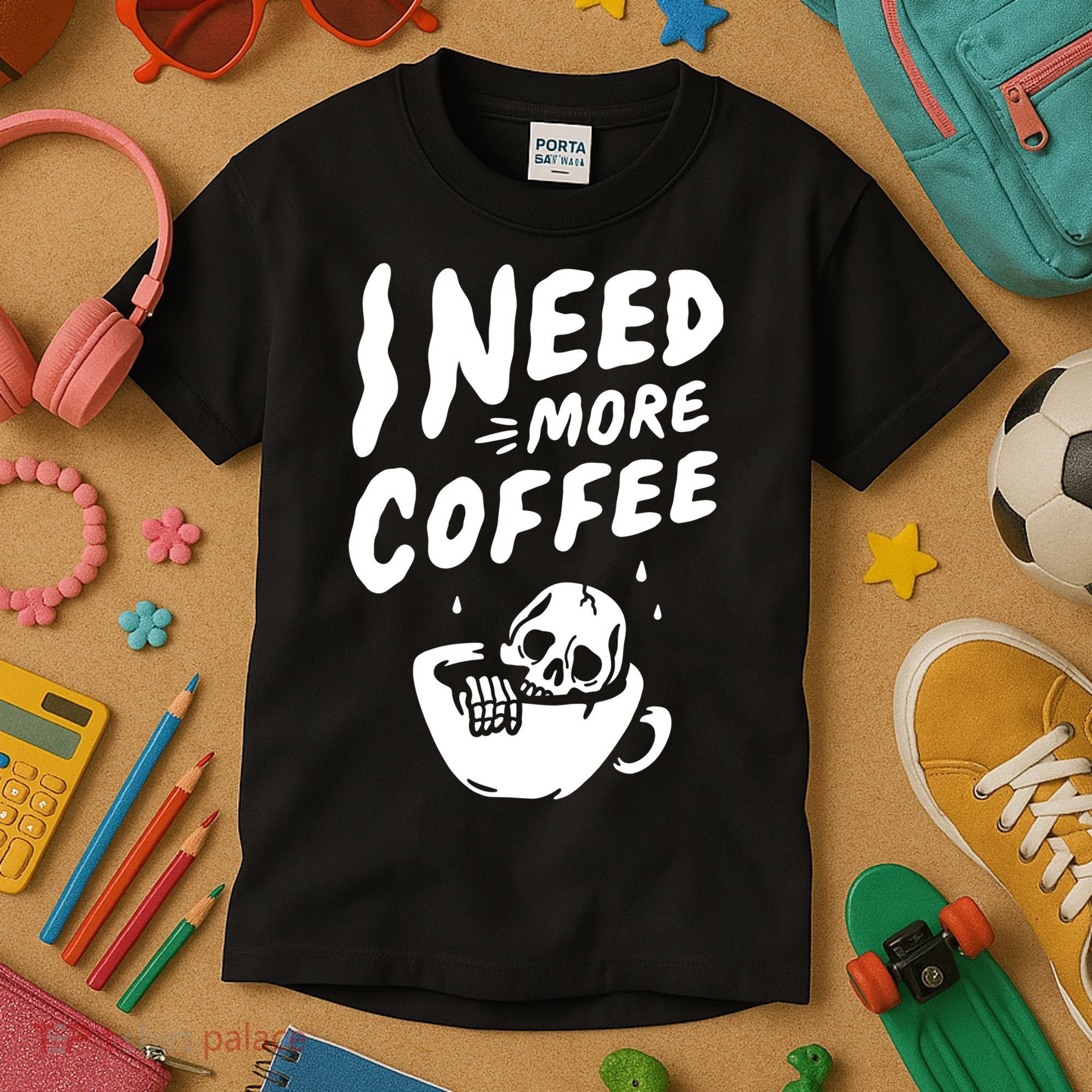 I Need More Coffee Funny Skeleton Kids T-Shirt