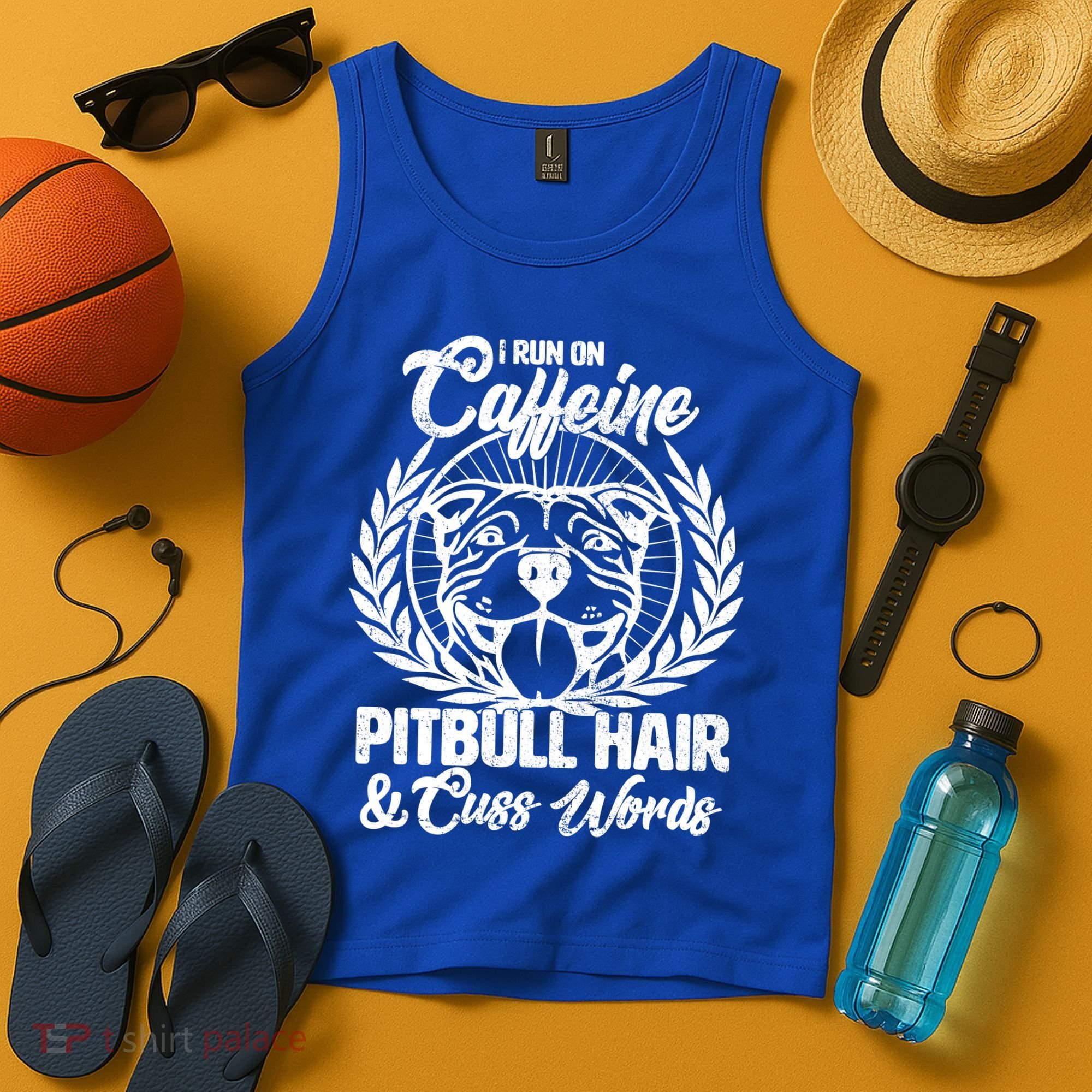 I Run On Caffeine Pitbull Hair And Cuss Words Tank Top