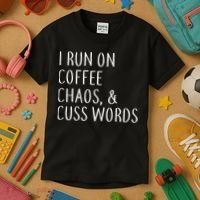 I Run On Coffee Chaos, & Cuss Words Kids T-Shirt thumb 3