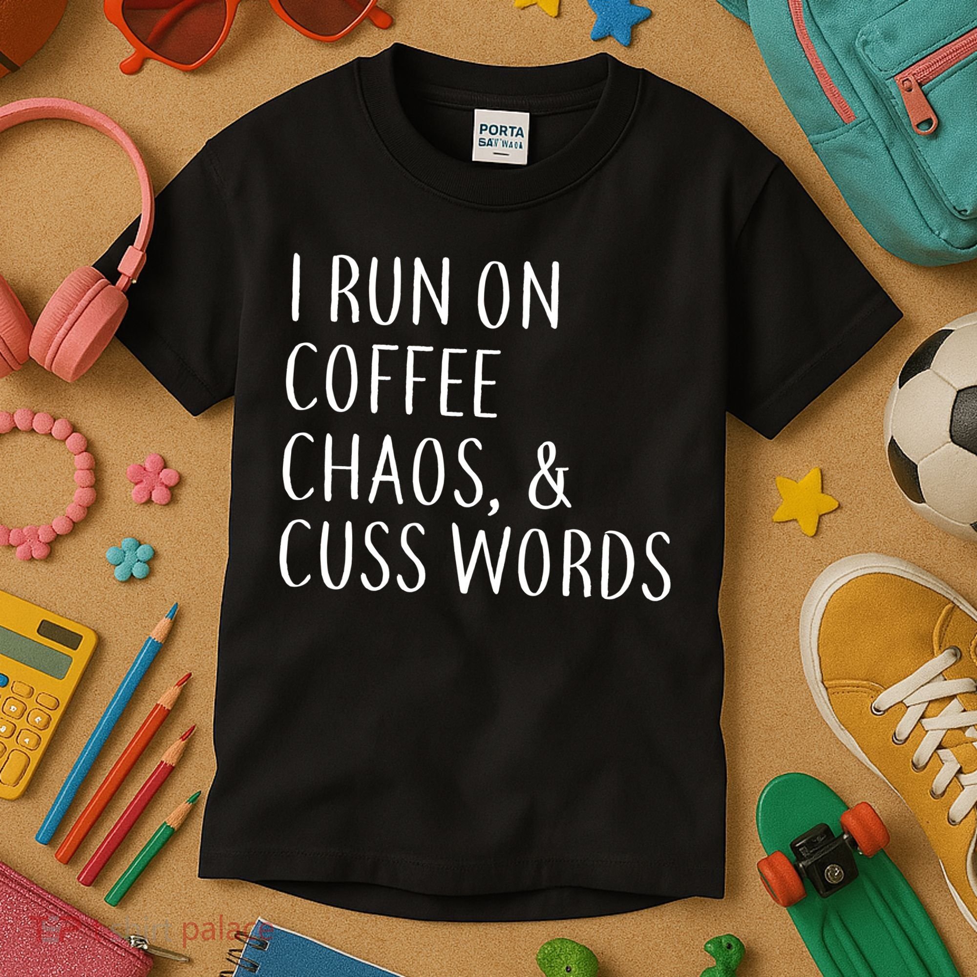 I Run On Coffee Chaos, & Cuss Words Kids T-Shirt