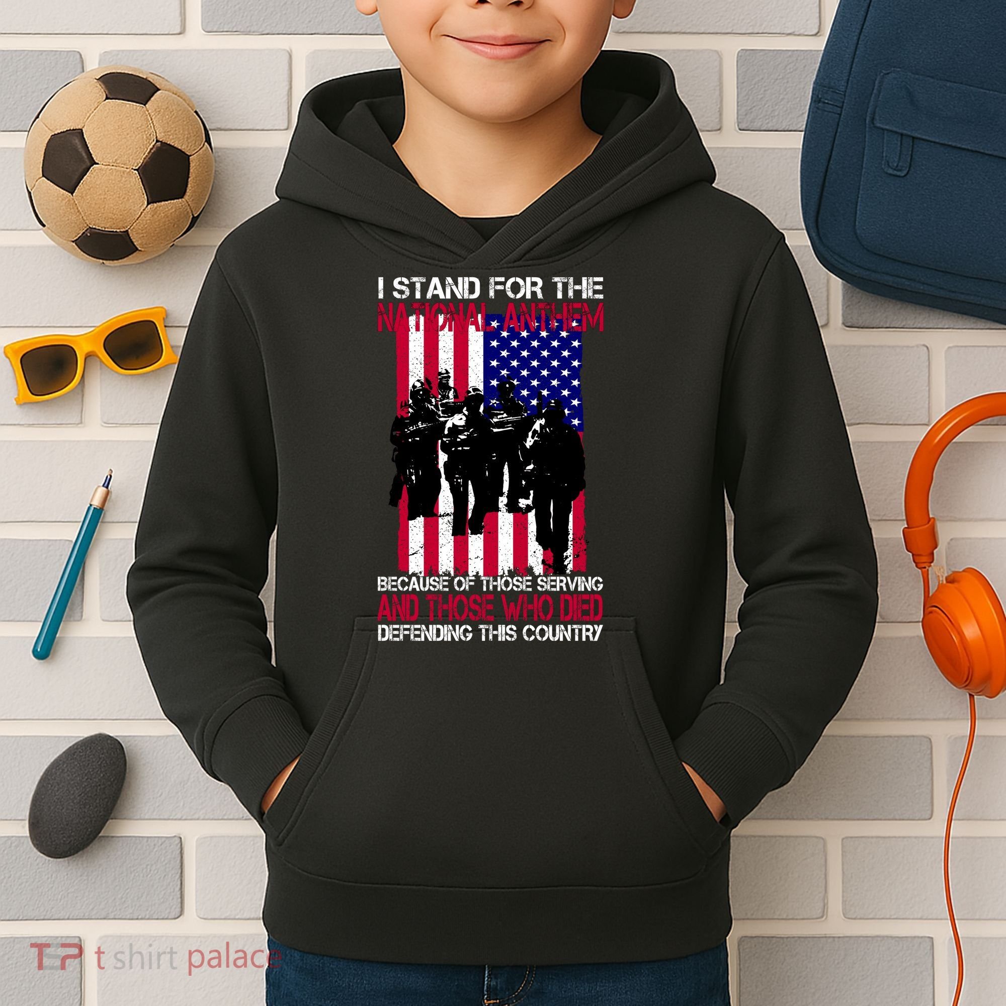 I Stand For The National Anthem Defending This Country Kids Hoodie