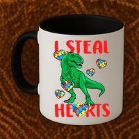 I Steal Hearts Autism Awareness Dinosaur Coffee Mug thumb 2