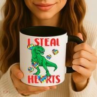 I Steal Hearts Autism Awareness Dinosaur Coffee Mug thumb 3