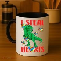 I Steal Hearts Autism Awareness Dinosaur Coffee Mug thumb 4