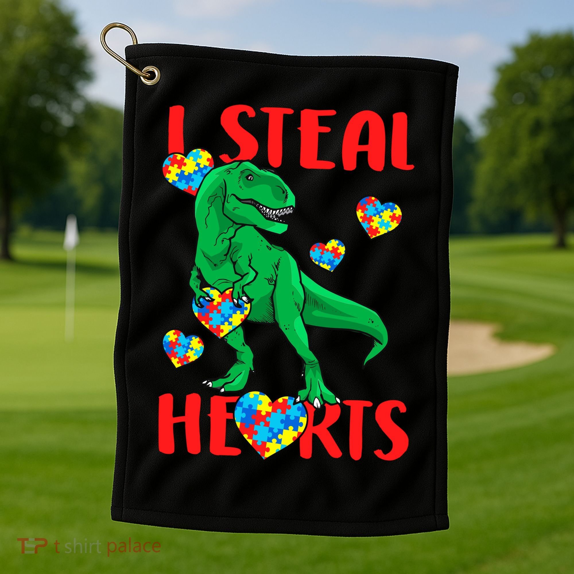 I Steal Hearts Autism Awareness Dinosaur Golf Towel