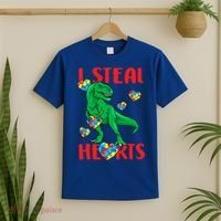 I Steal Hearts Autism Awareness Dinosaur T-Shirt thumb 2