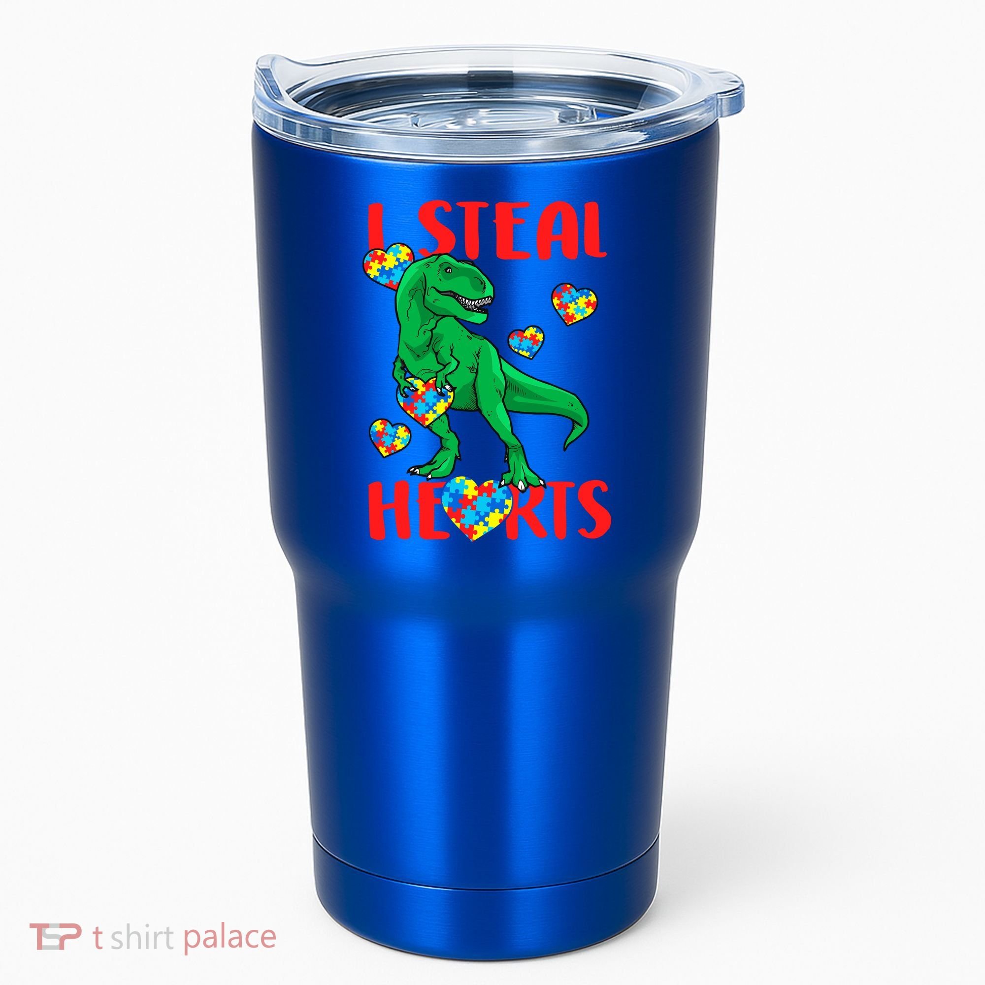 I Steal Hearts Autism Awareness Dinosaur Tumbler