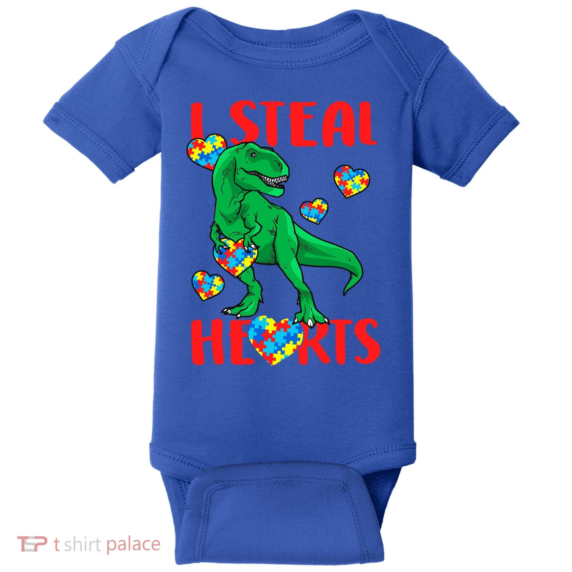 I Steal Hearts Autism Awareness Dinosaur Baby Bodysuit
