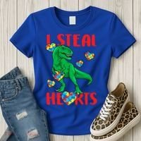 I Steal Hearts Autism Awareness Dinosaur Women's T-Shirt thumb 3