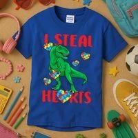 I Steal Hearts Autism Awareness Dinosaur Kids T-Shirt thumb 3
