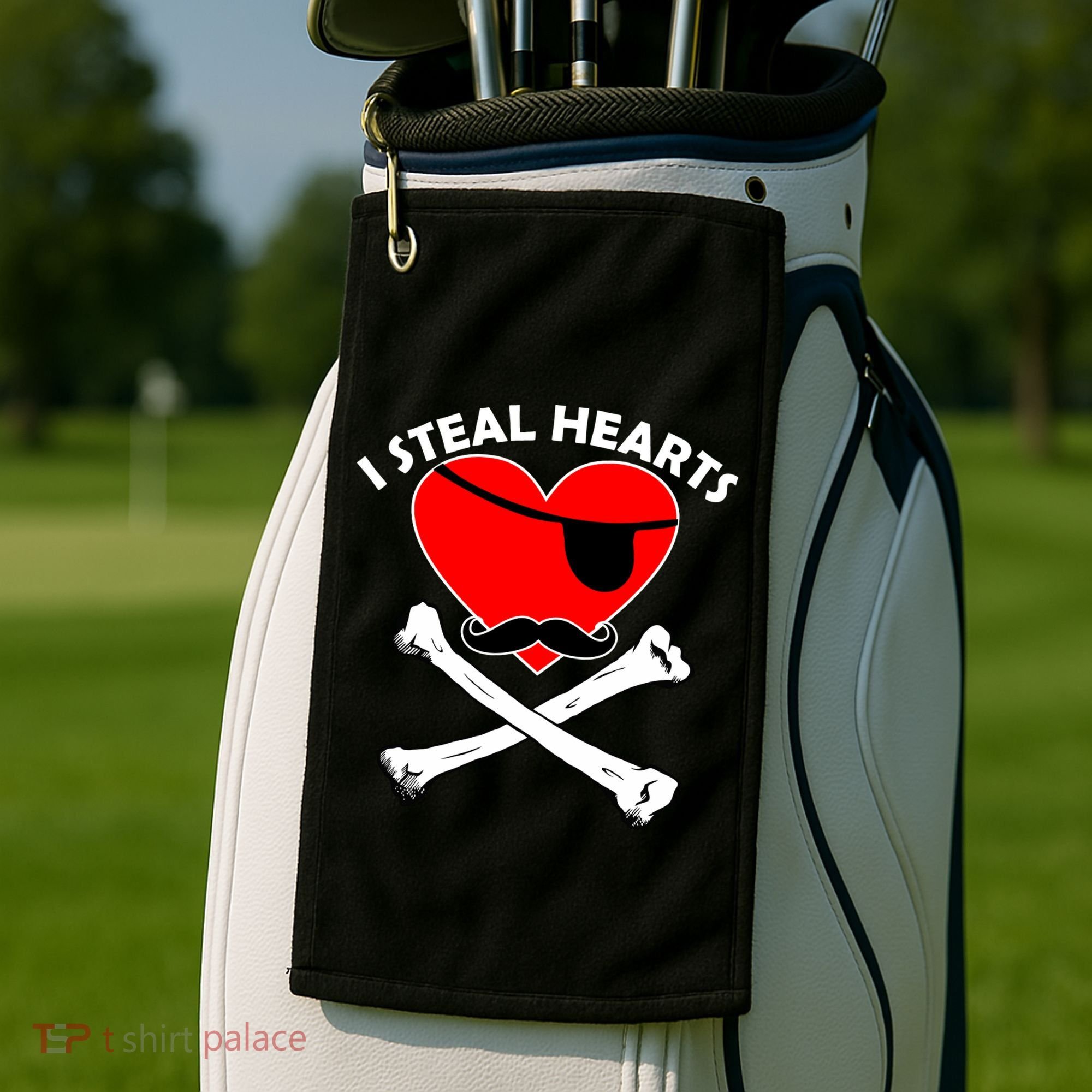 I Steal Hearts Pirate Crossbones Mustache Valentine's Day Design Golf Towel