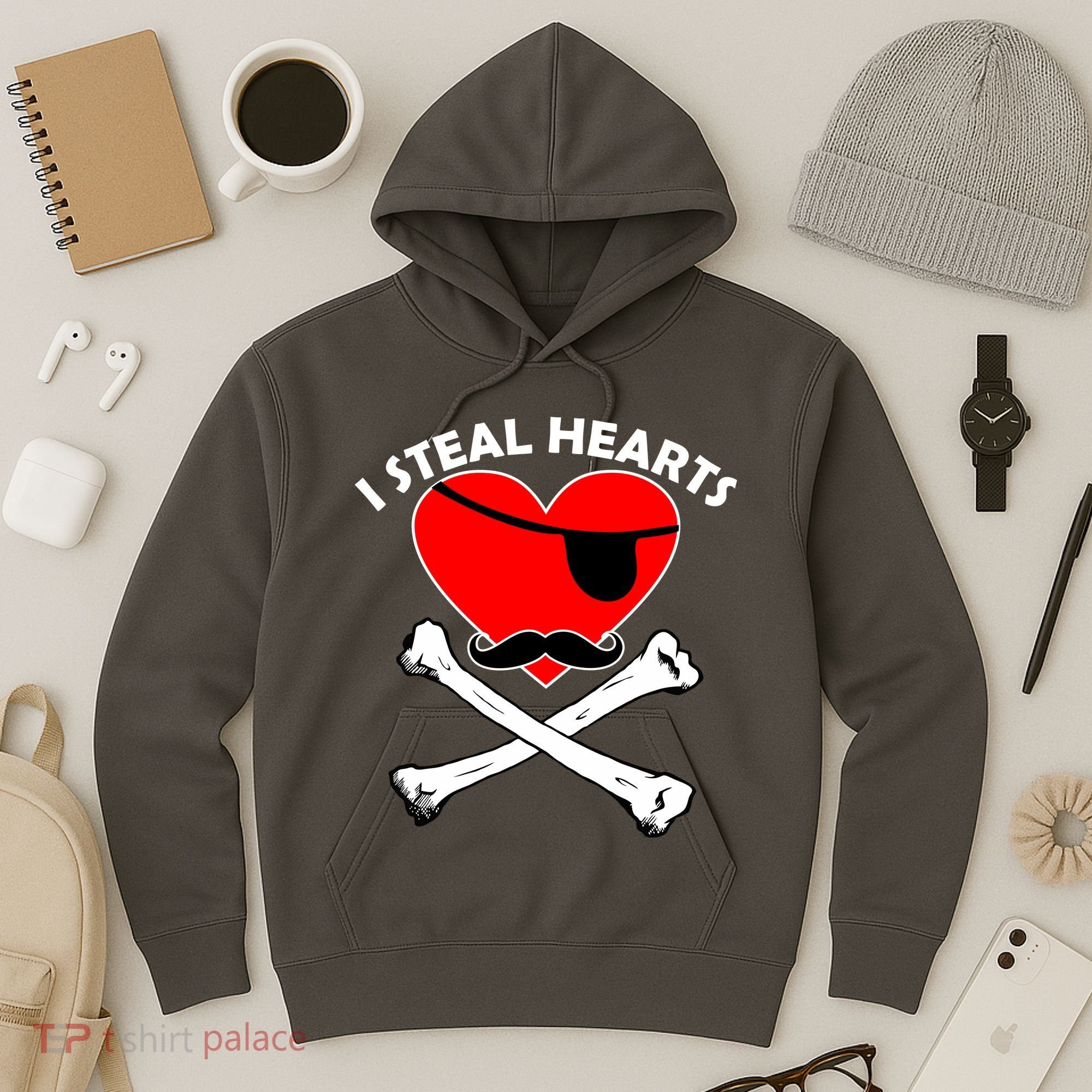 I Steal Hearts Pirate Crossbones Mustache Valentine's Day Design Hoodie
