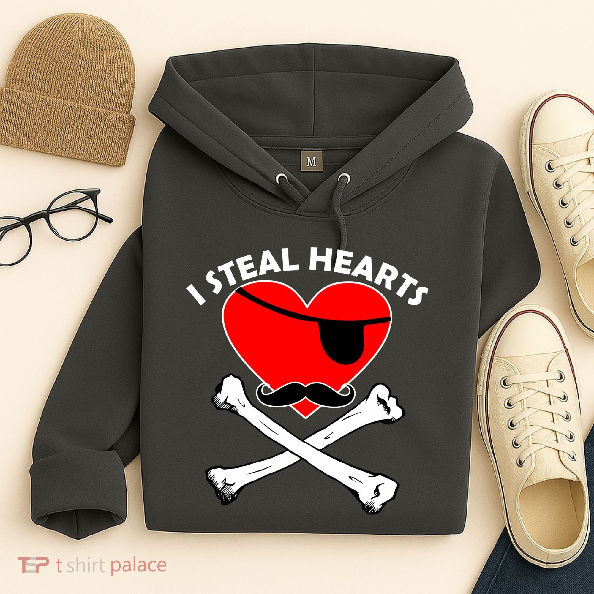 I Steal Hearts Pirate Crossbones Mustache Valentine's Day Design Hoodie