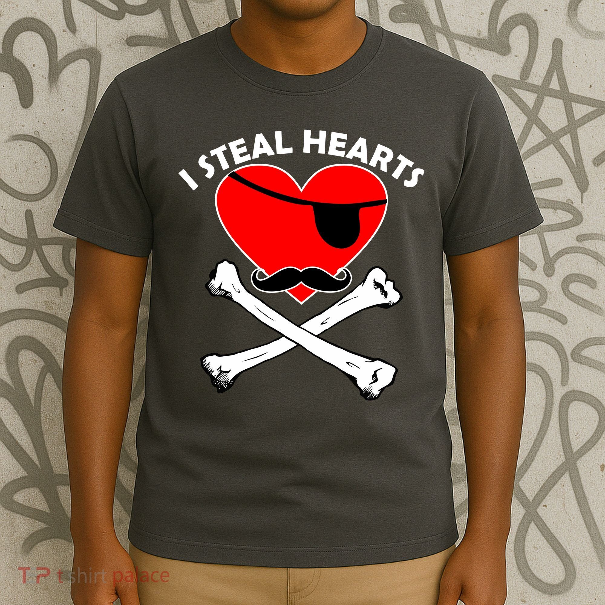 I Steal Hearts Pirate Crossbones Mustache Valentine's Day Design T-Shirt
