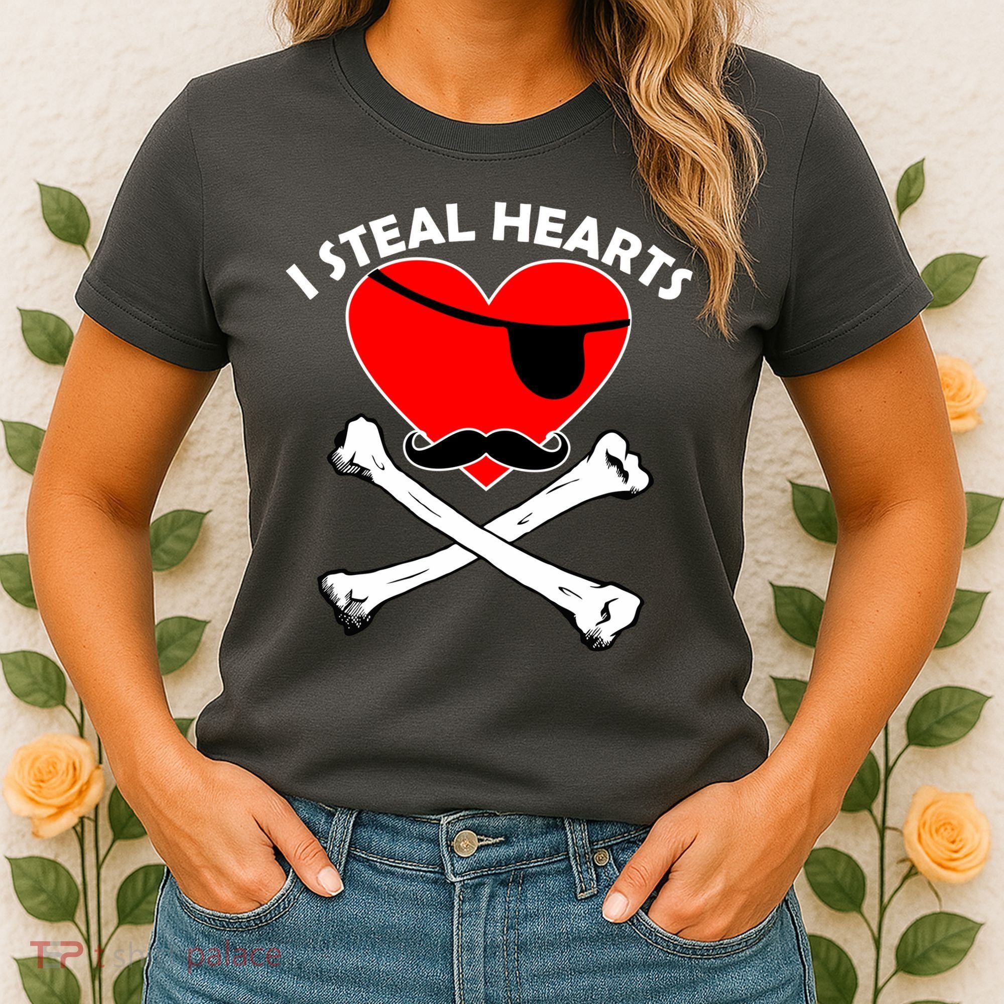 I Steal Hearts Pirate Crossbones Mustache Valentine's Day Design Women's T-Shirt