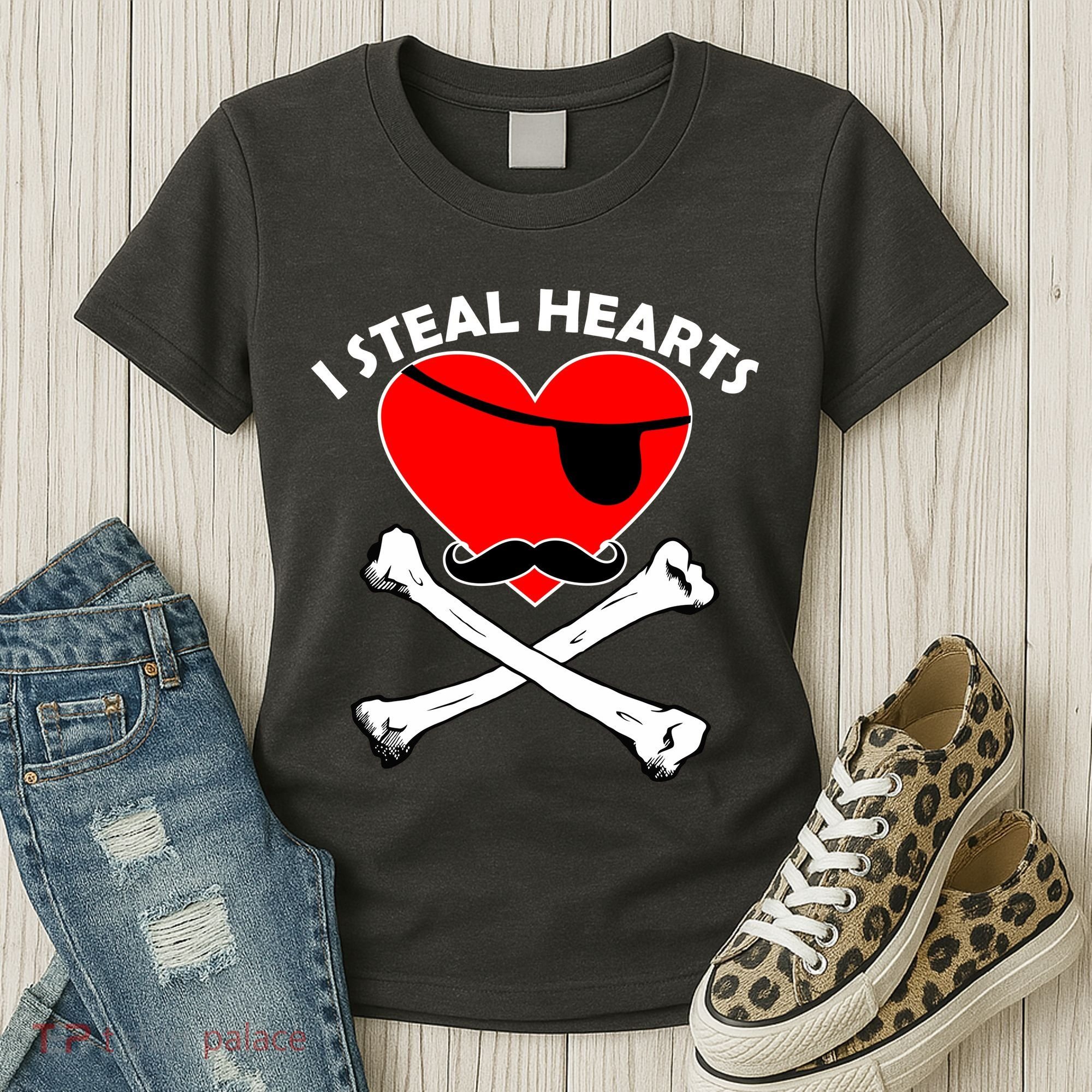 I Steal Hearts Pirate Crossbones Mustache Valentine's Day Design Women's T-Shirt