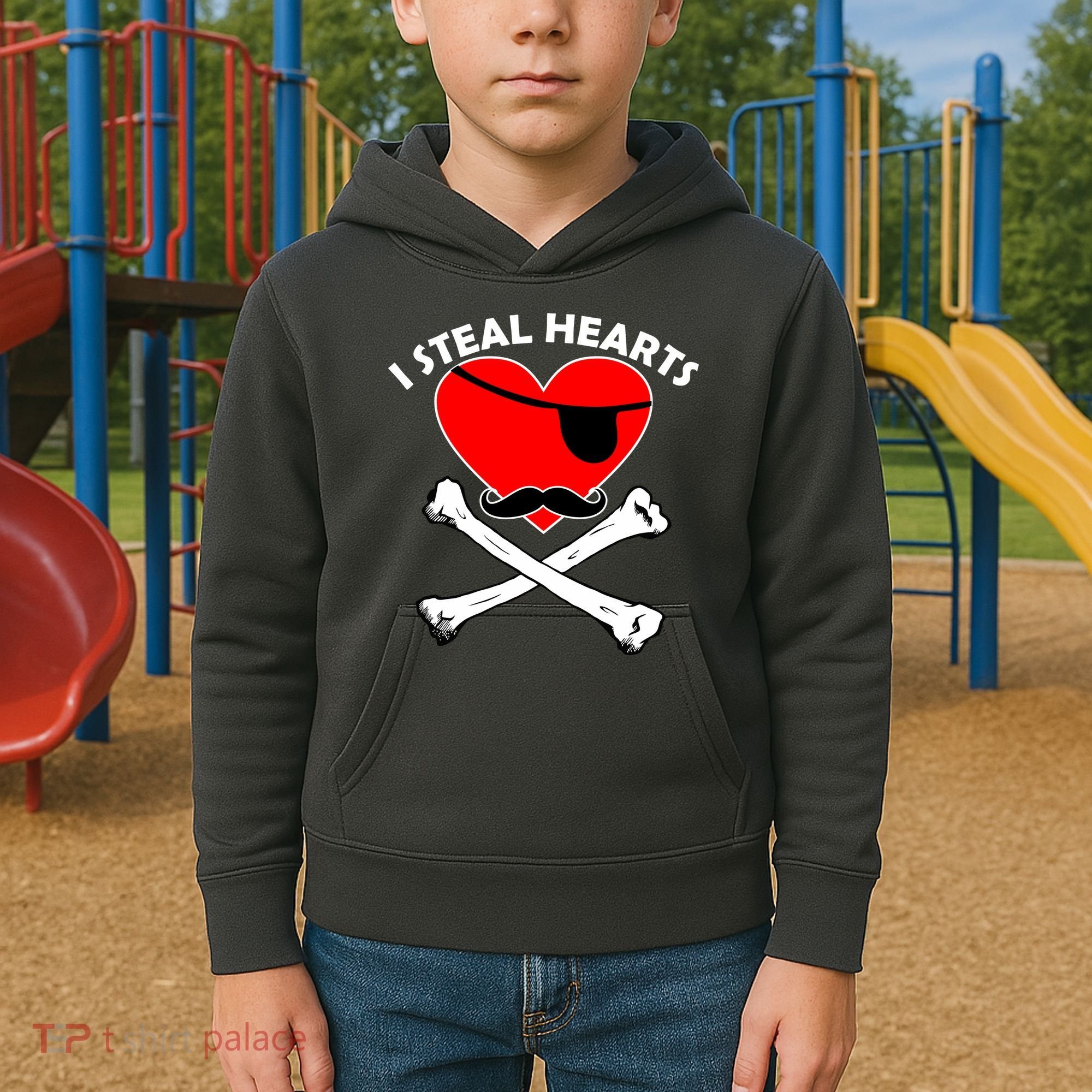 I Steal Hearts Pirate Crossbones Mustache Valentine's Day Design Kids Hoodie