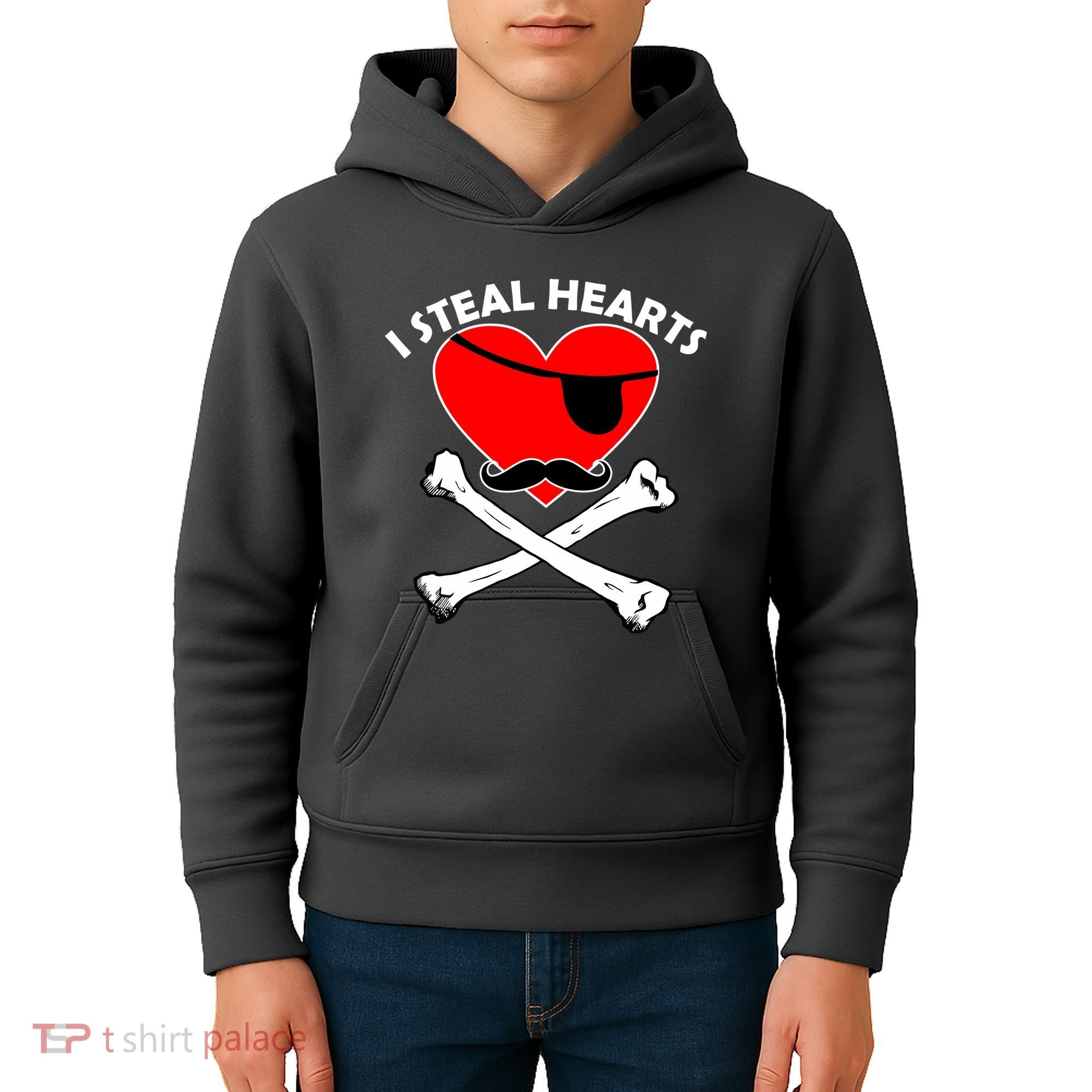 I Steal Hearts Pirate Crossbones Mustache Valentine's Day Design Kids Hoodie