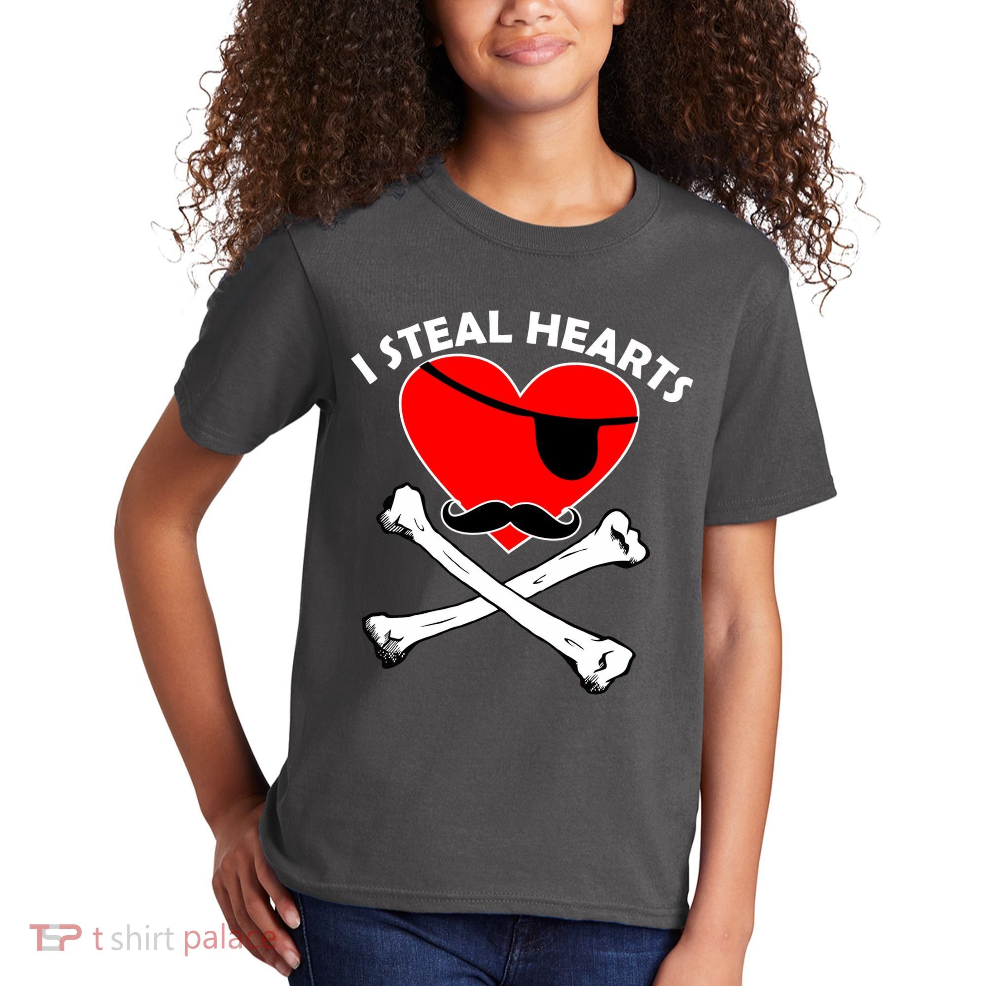 I Steal Hearts Pirate Crossbones Mustache Valentine's Day Design Kids T-Shirt